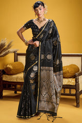 Ebullience Black Banarasi Satin Silk Saree With Excellent Blouse