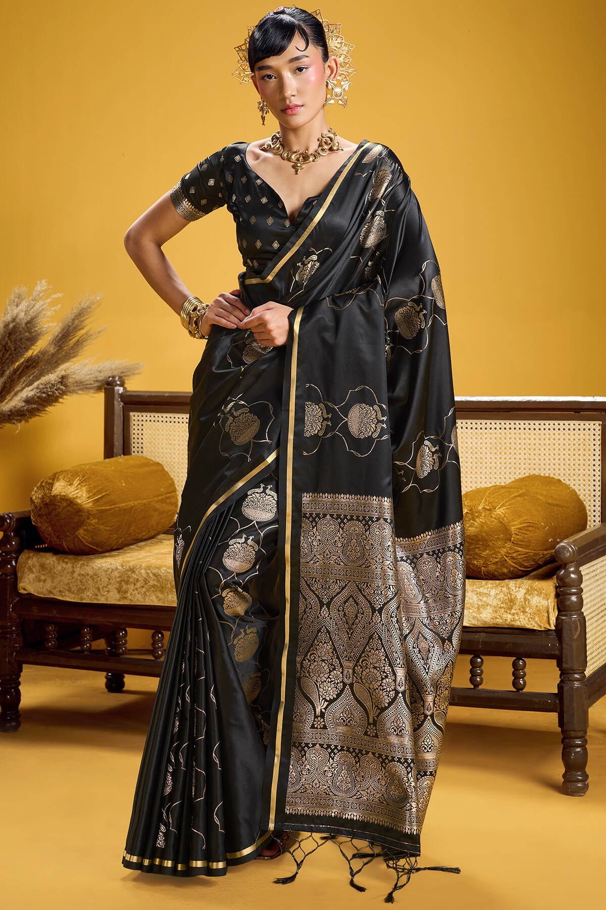 Ebullience Black Banarasi Satin Silk Saree With Excellent Blouse
