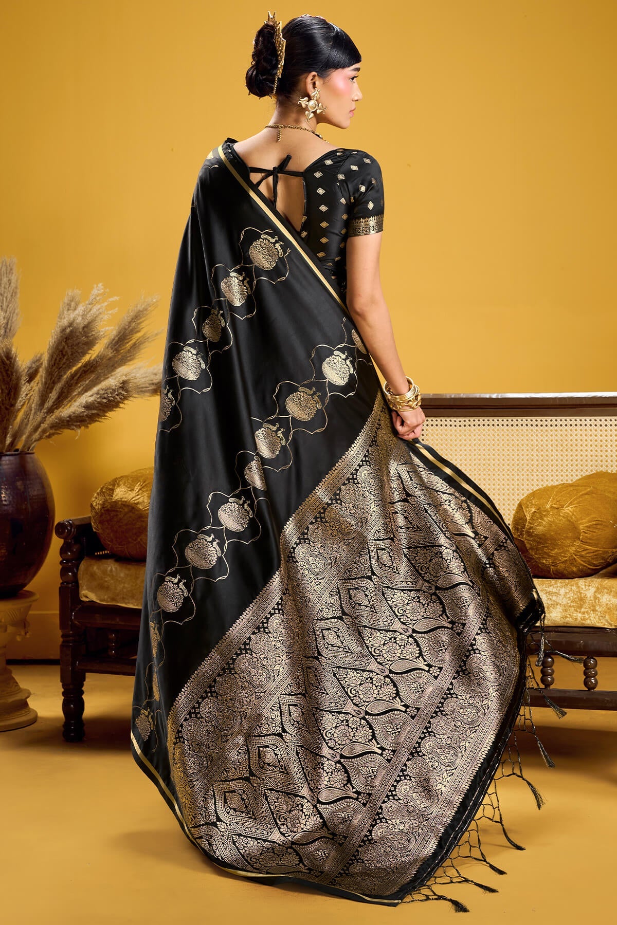 Ebullience Black Banarasi Satin Silk Saree With Excellent Blouse