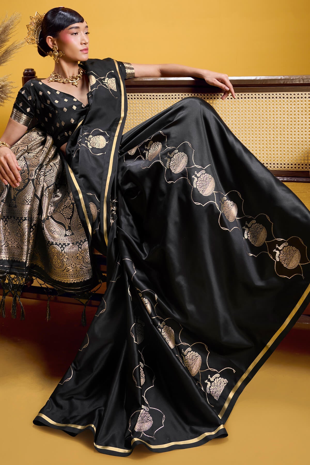 Ebullience Black Banarasi Satin Silk Saree With Excellent Blouse