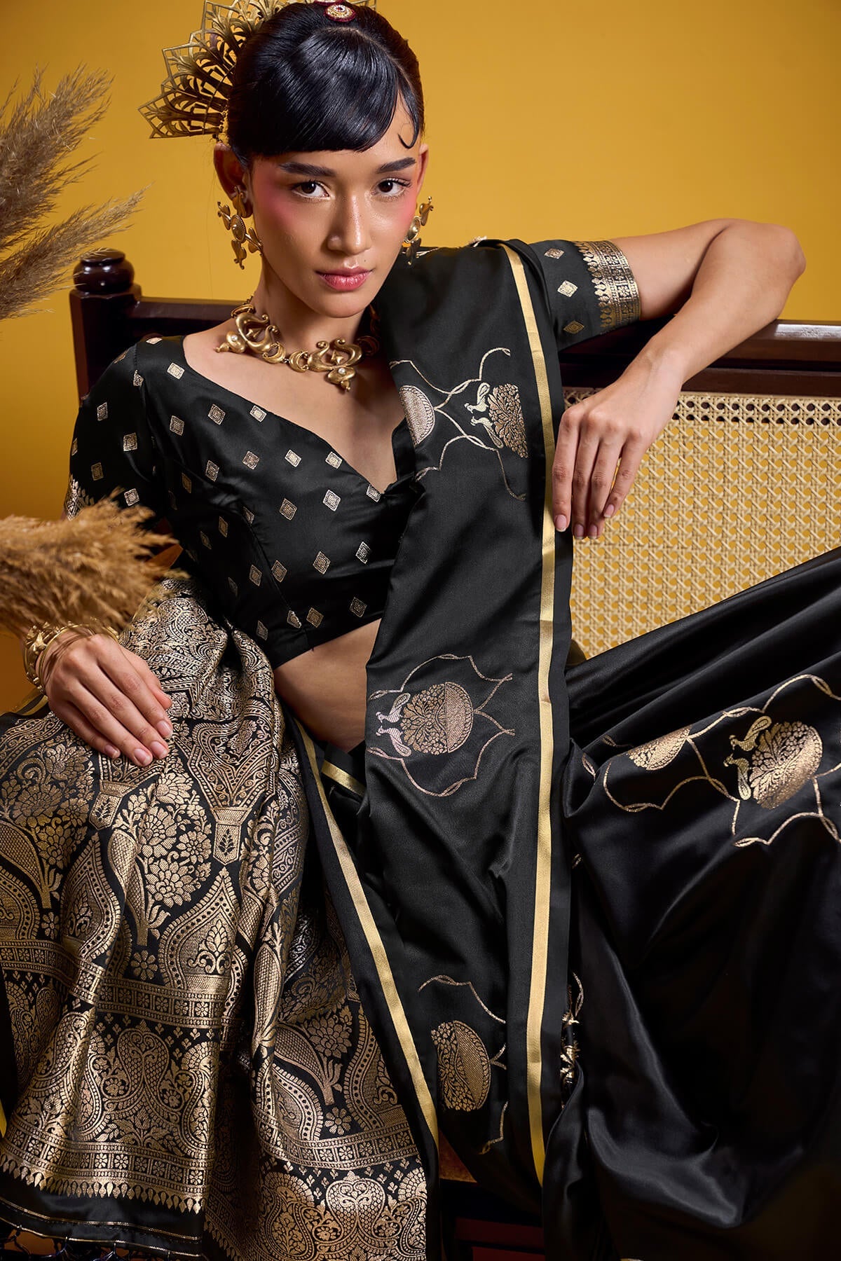 Ebullience Black Banarasi Satin Silk Saree With Excellent Blouse
