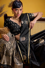 Ebullience Black Banarasi Satin Silk Saree With Excellent Blouse