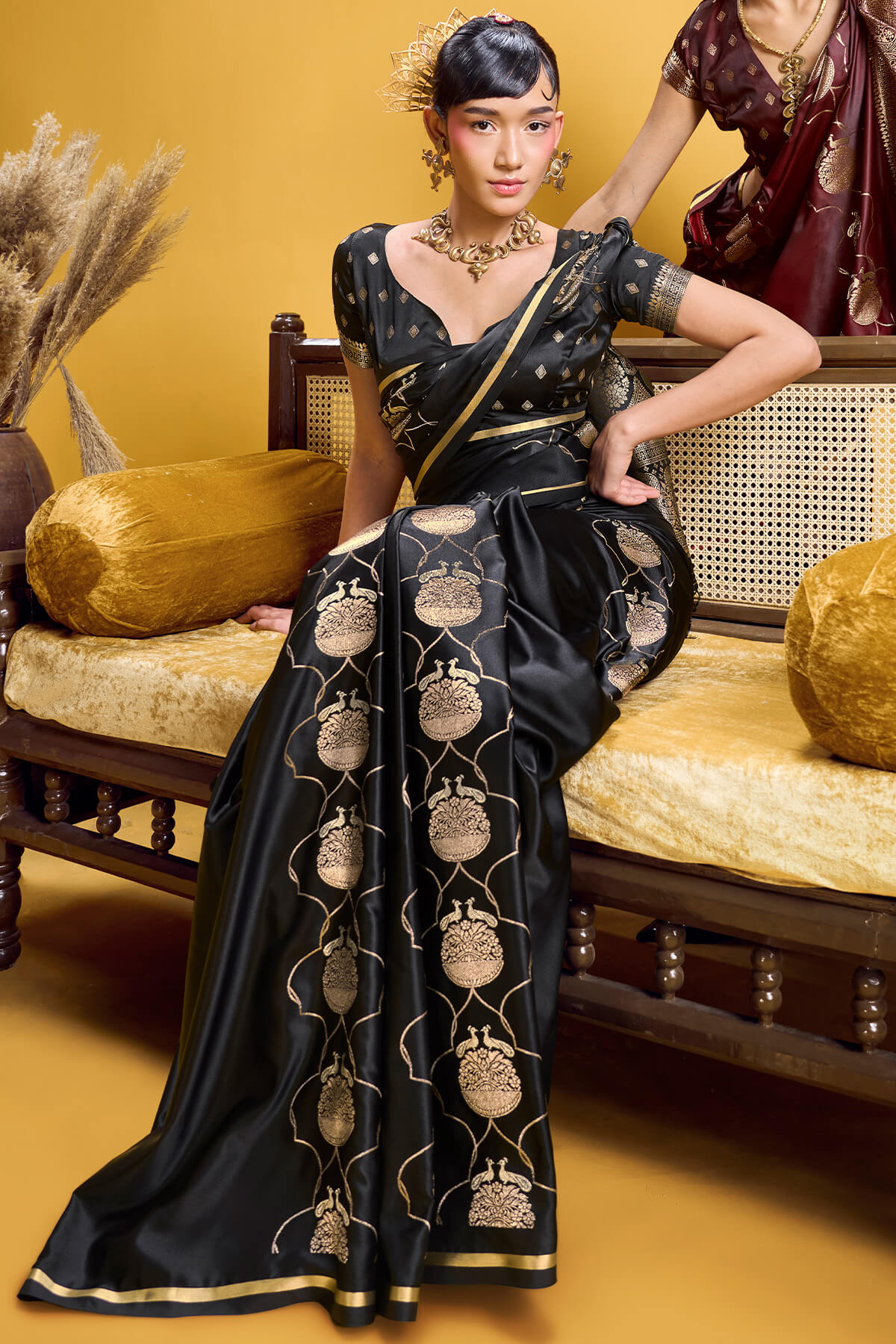 Ebullience Black Banarasi Satin Silk Saree With Excellent Blouse
