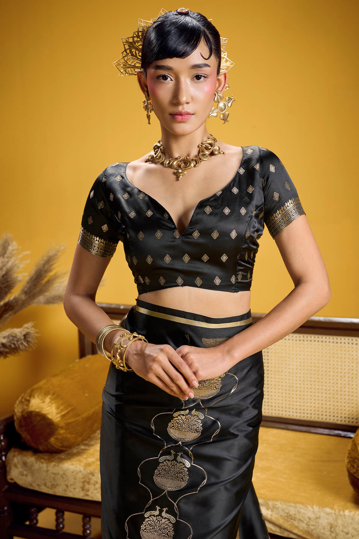 Ebullience Black Banarasi Satin Silk Saree With Excellent Blouse
