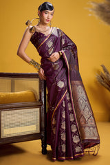 Trendy Wine Banarasi Satin Silk Saree With Scintilla Blouse