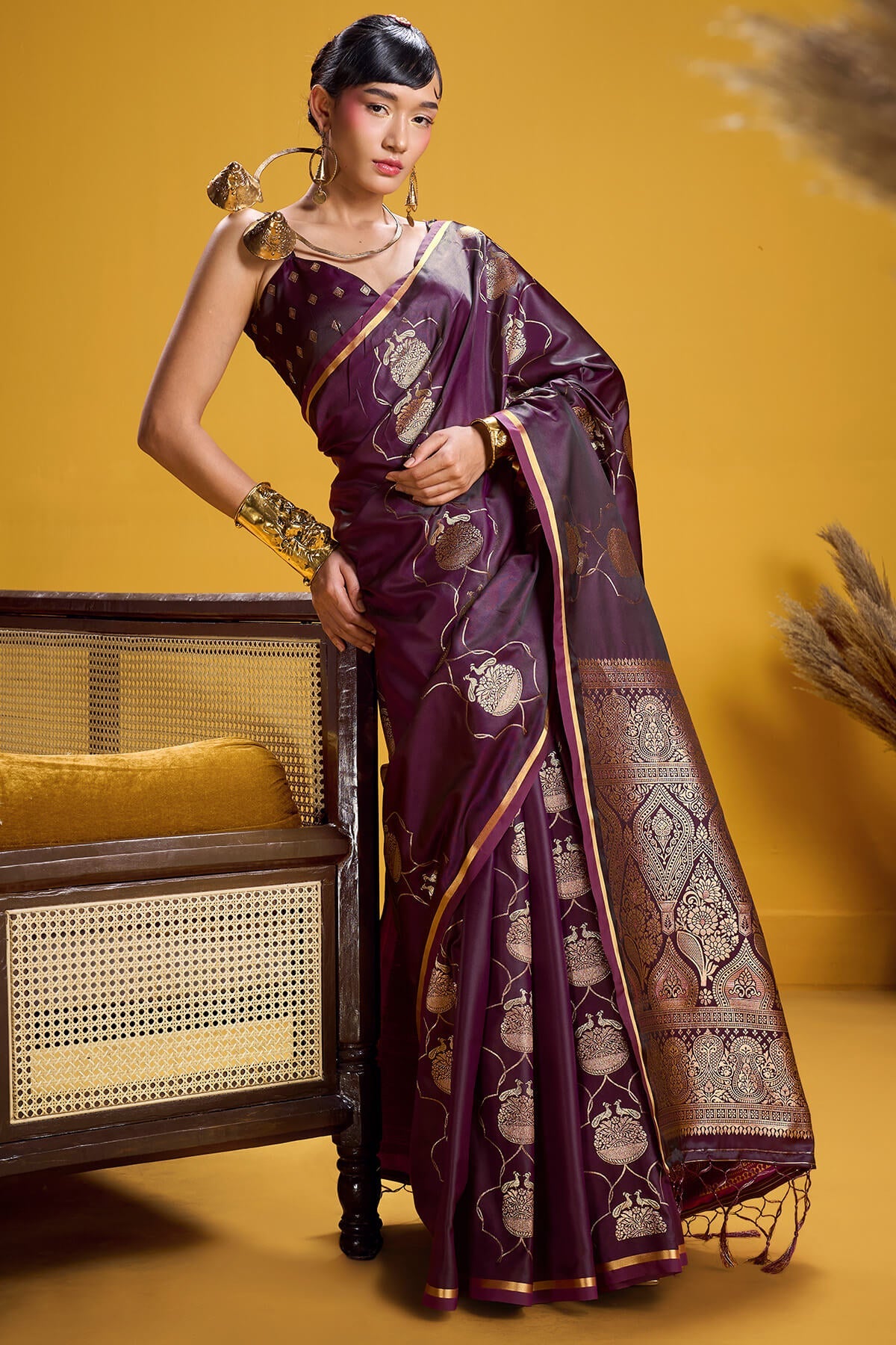 Trendy Wine Banarasi Satin Silk Saree With Scintilla Blouse