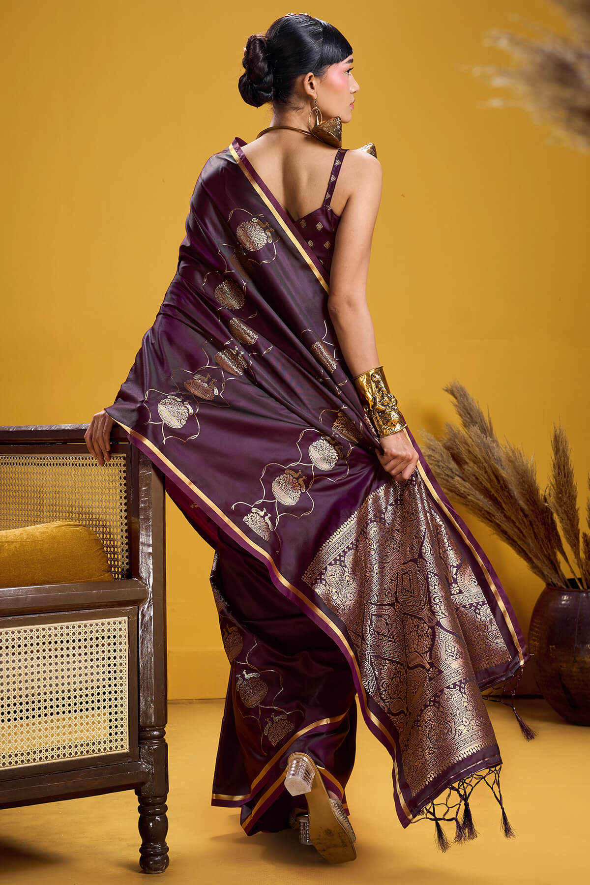 Trendy Wine Banarasi Satin Silk Saree With Scintilla Blouse