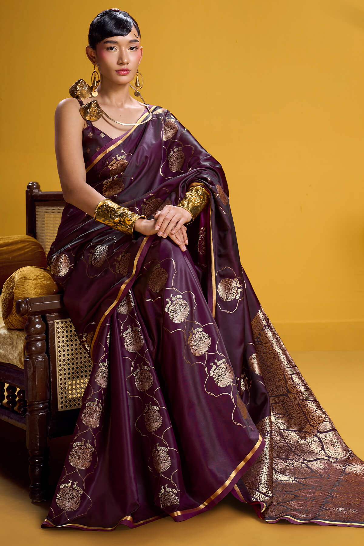 Trendy Wine Banarasi Satin Silk Saree With Scintilla Blouse