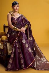 Trendy Wine Banarasi Satin Silk Saree With Scintilla Blouse