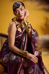 Trendy Wine Banarasi Satin Silk Saree With Scintilla Blouse