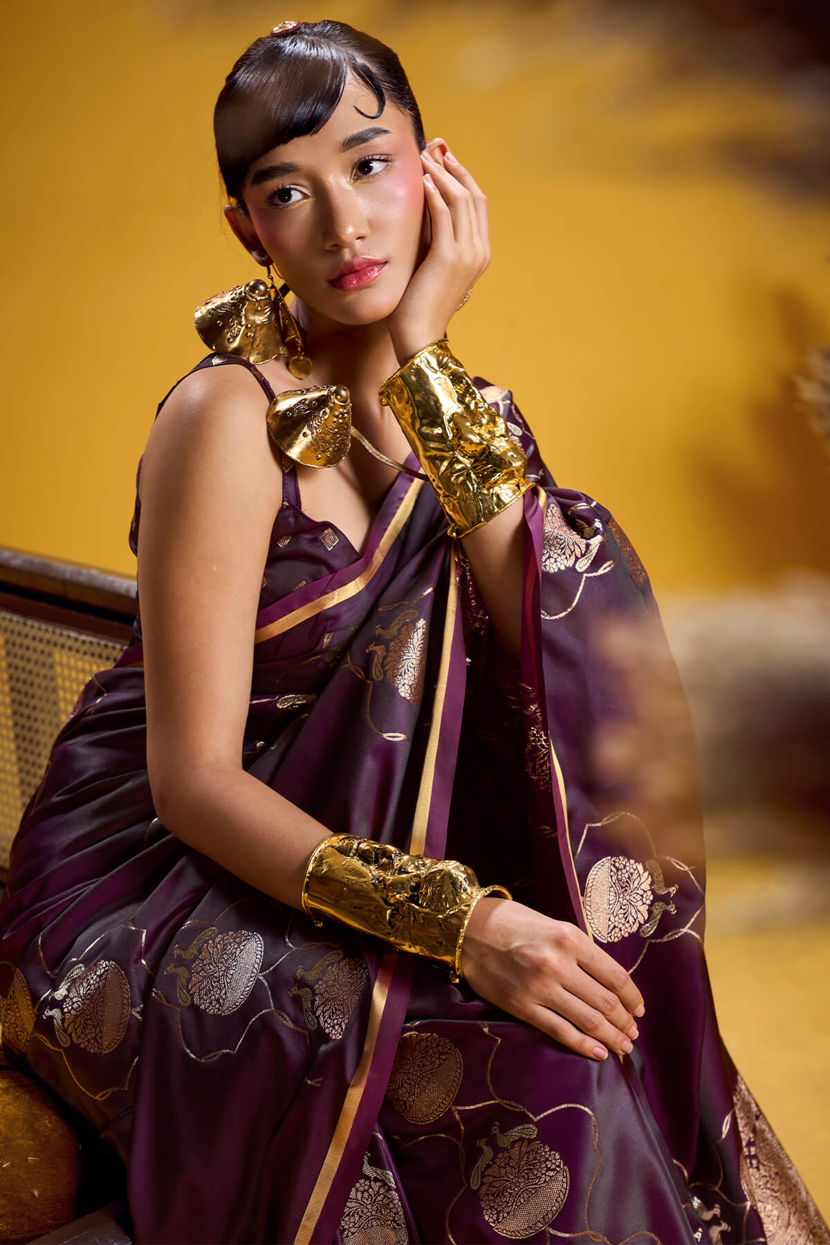 Trendy Wine Banarasi Satin Silk Saree With Scintilla Blouse