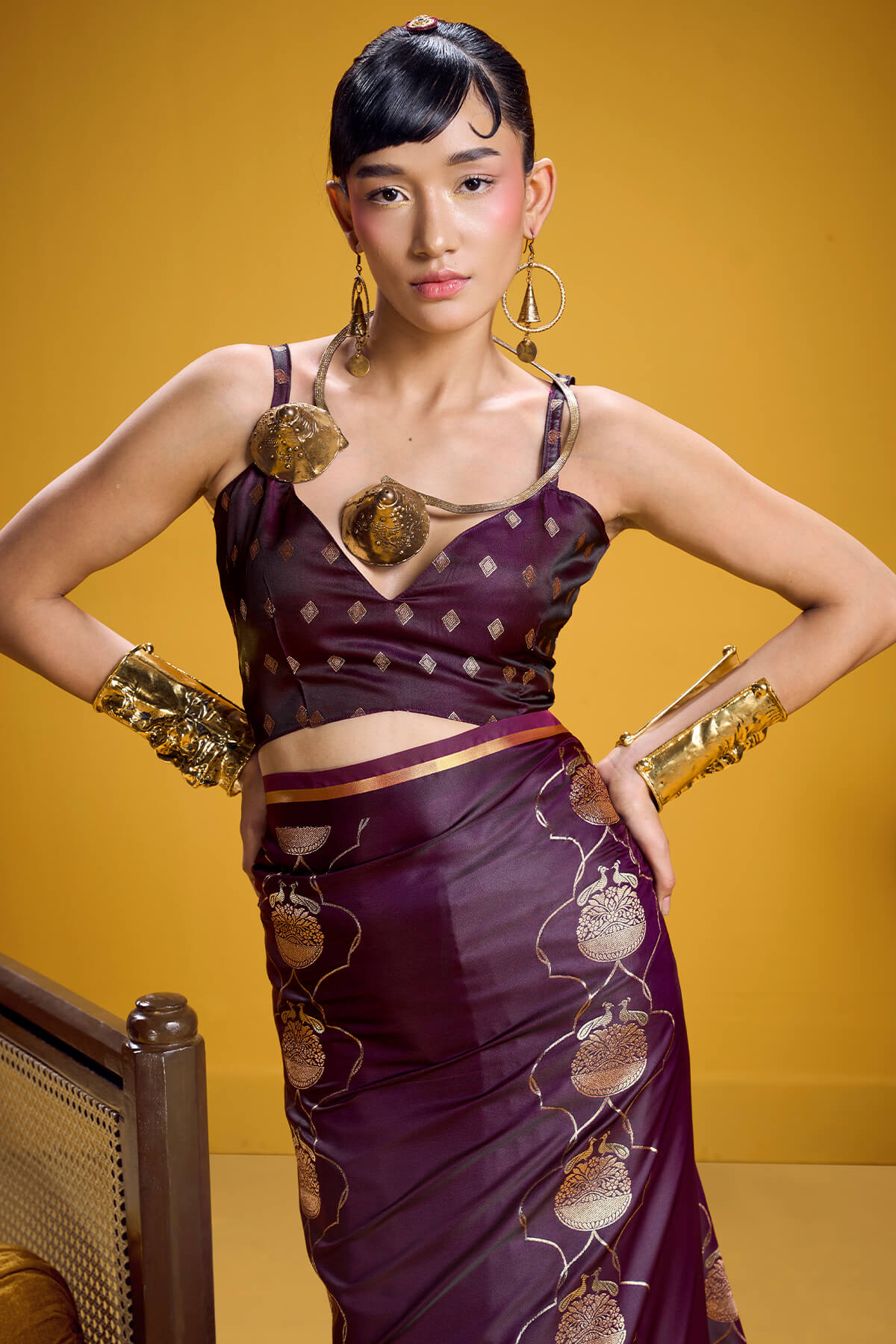 Trendy Wine Banarasi Satin Silk Saree With Scintilla Blouse