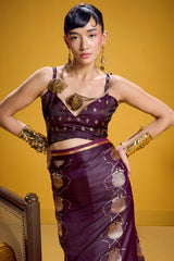 Trendy Wine Banarasi Satin Silk Saree With Scintilla Blouse