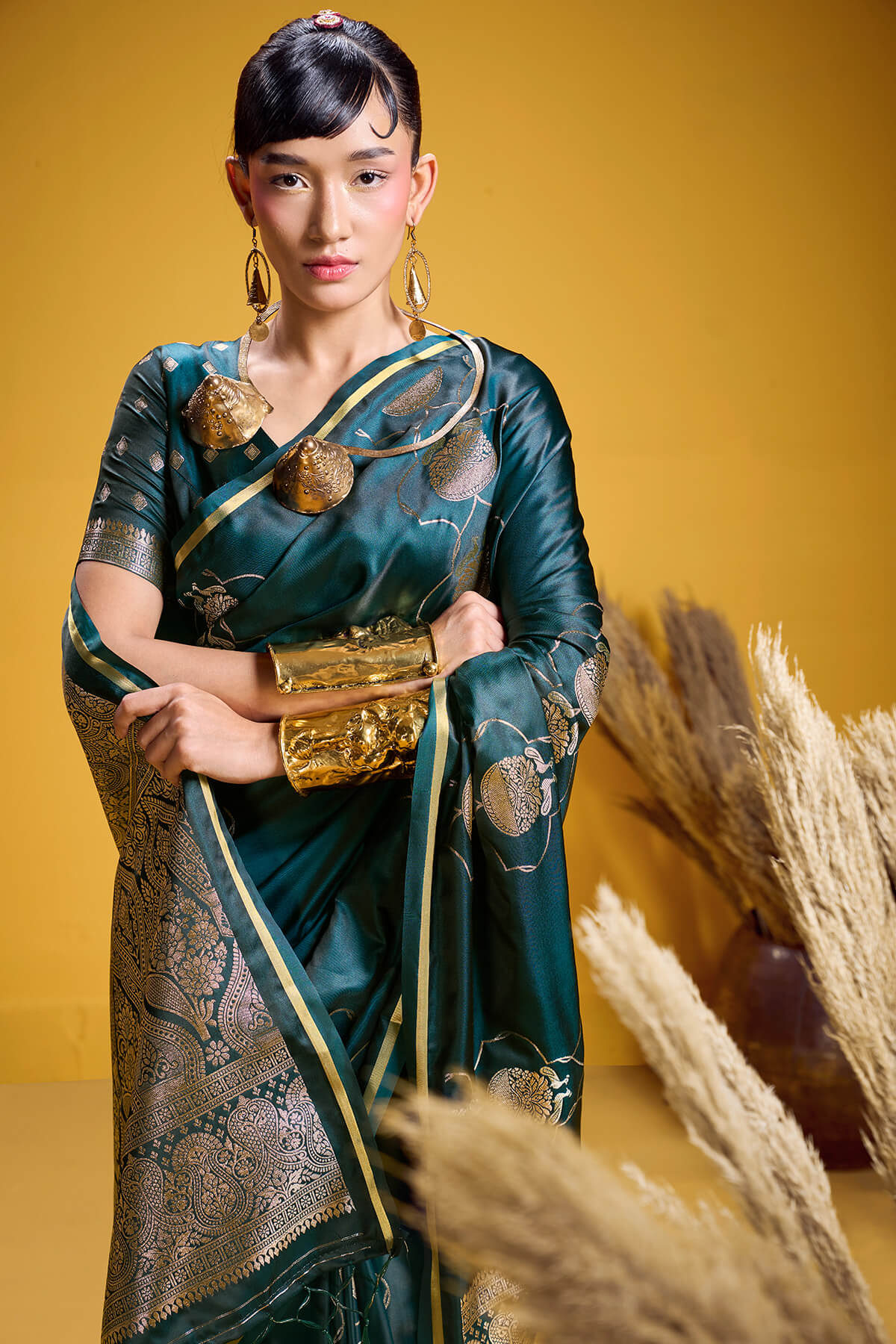 Majestic Dark Green Banarasi Satin Silk Saree With Demanding Blouse