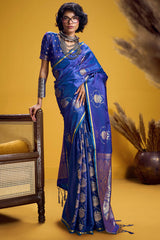Classy Royal Blue Banarasi Satin Silk Saree With Assemblage Blouse