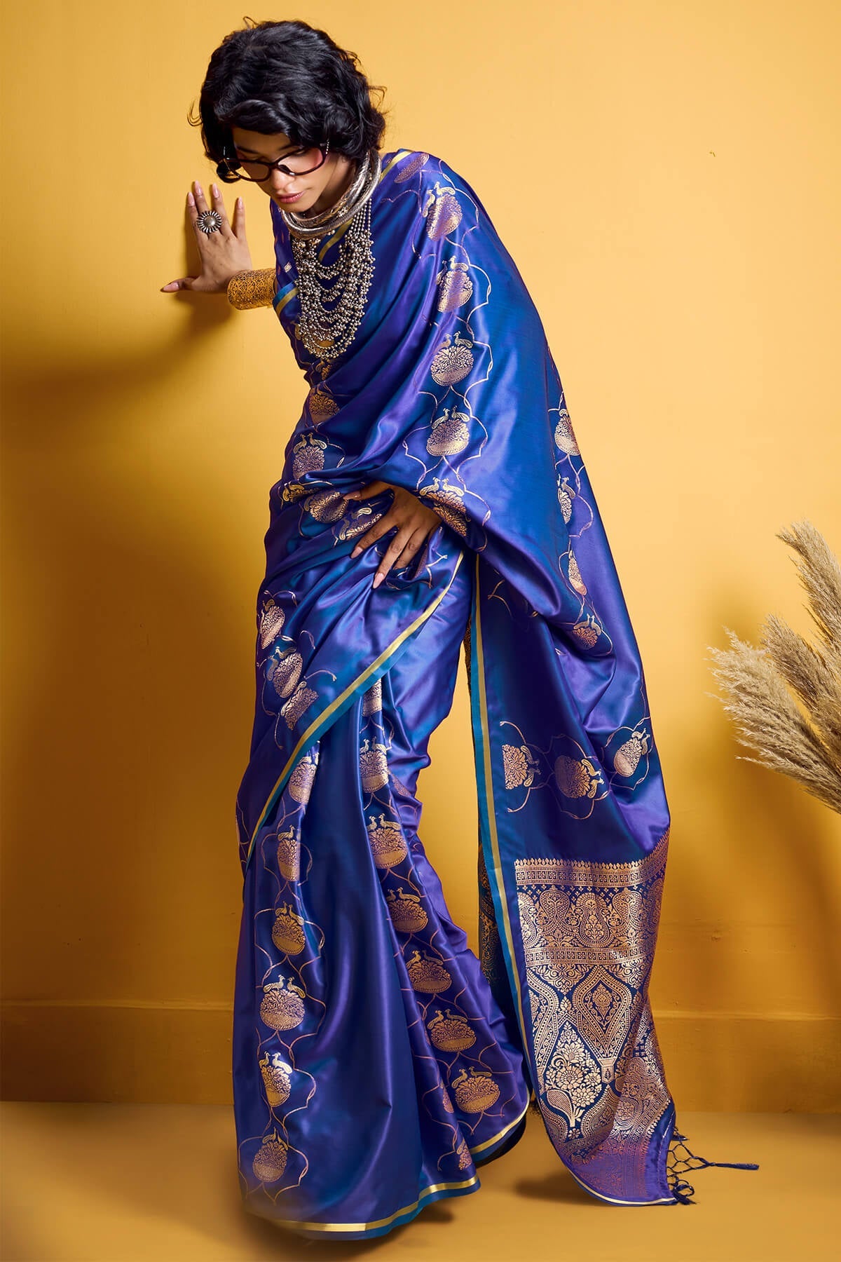 Classy Royal Blue Banarasi Satin Silk Saree With Assemblage Blouse