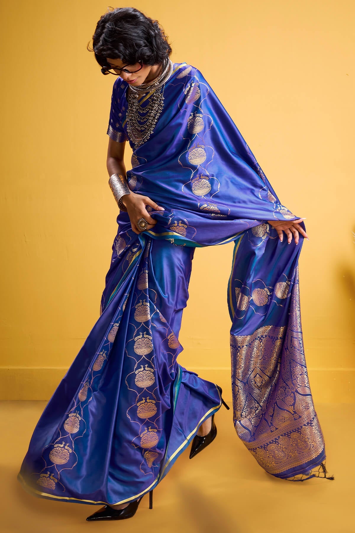 Classy Royal Blue Banarasi Satin Silk Saree With Assemblage Blouse