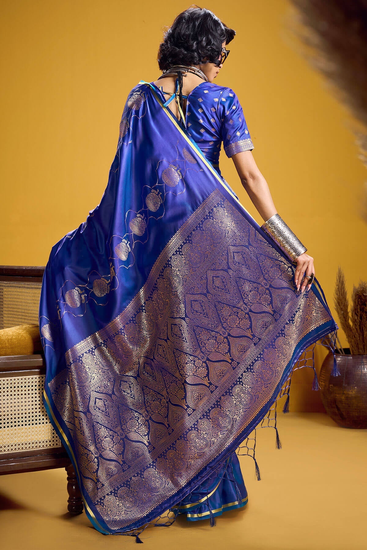 Classy Royal Blue Banarasi Satin Silk Saree With Assemblage Blouse
