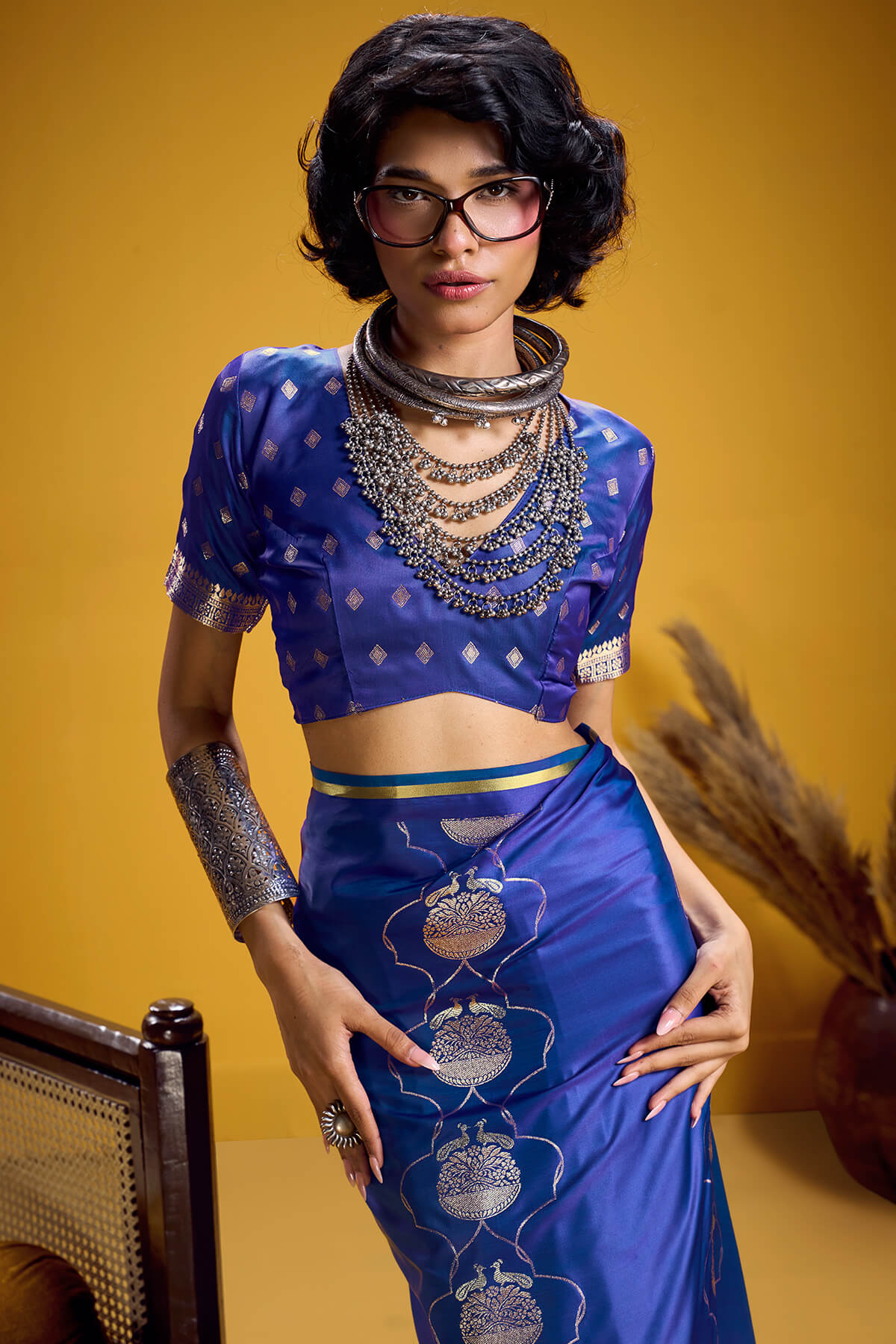 Classy Royal Blue Banarasi Satin Silk Saree With Assemblage Blouse