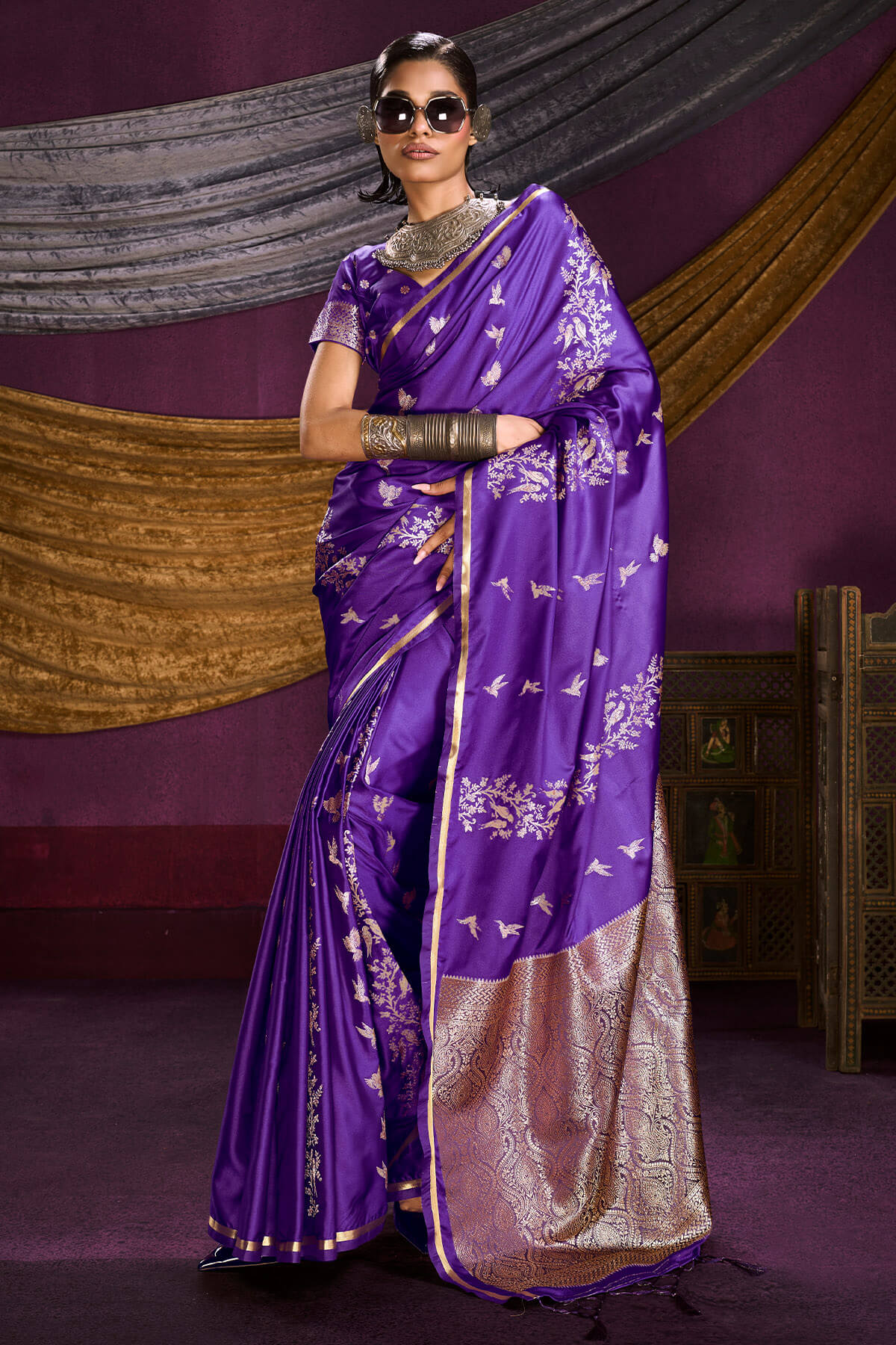 Vestigial Violet Banarasi Satin Silk Saree With Preferable Blouse