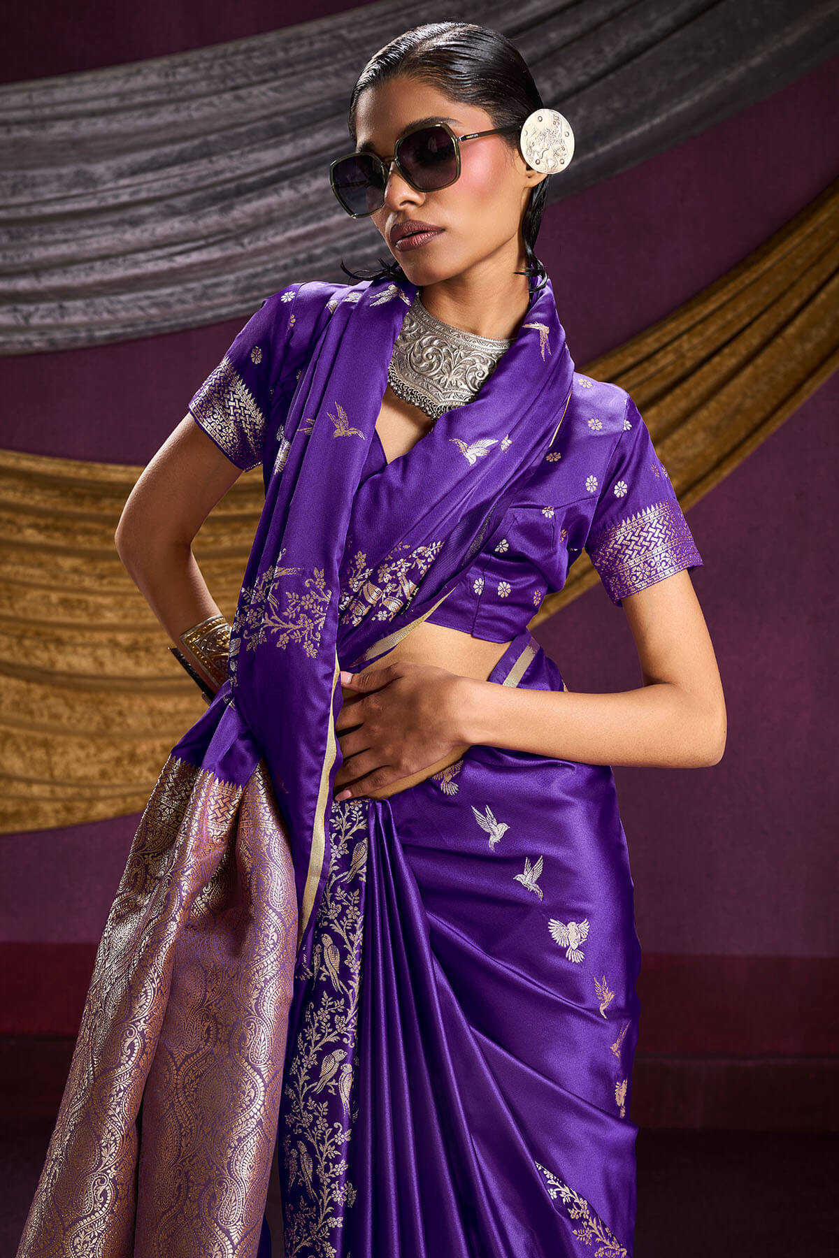 Vestigial Violet Banarasi Satin Silk Saree With Preferable Blouse
