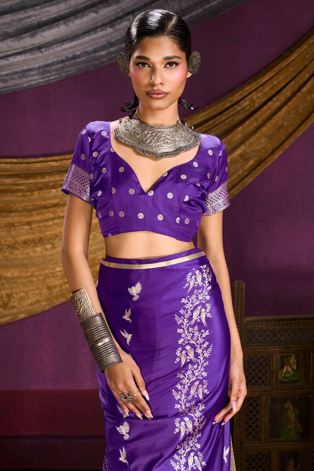 Vestigial Violet Banarasi Satin Silk Saree With Preferable Blouse