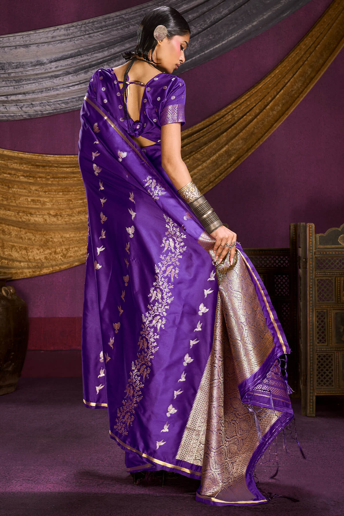 Vestigial Violet Banarasi Satin Silk Saree With Preferable Blouse