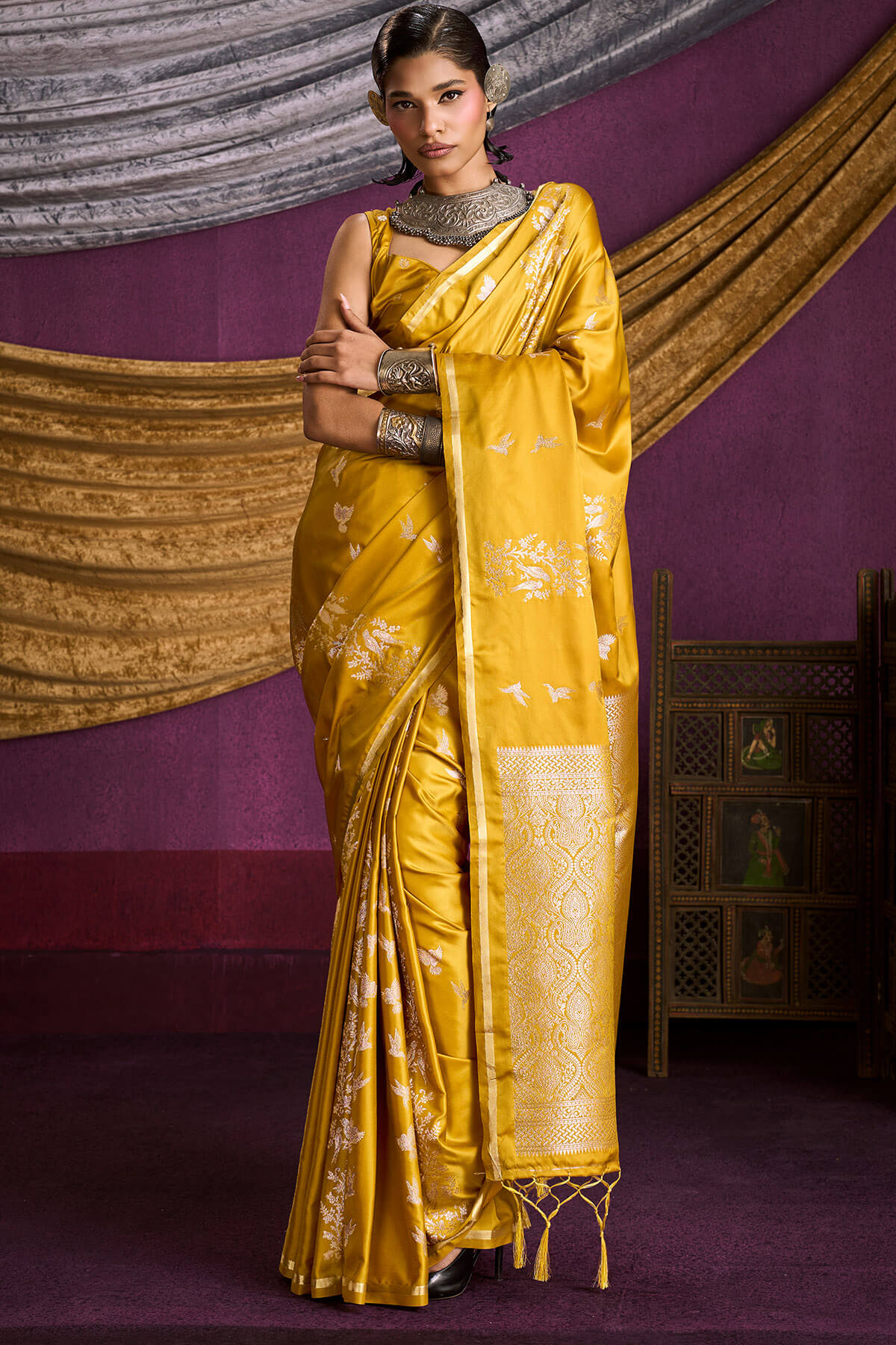 Ethnic Yellow Banarasi Satin Silk Saree With Dazzling Blouse