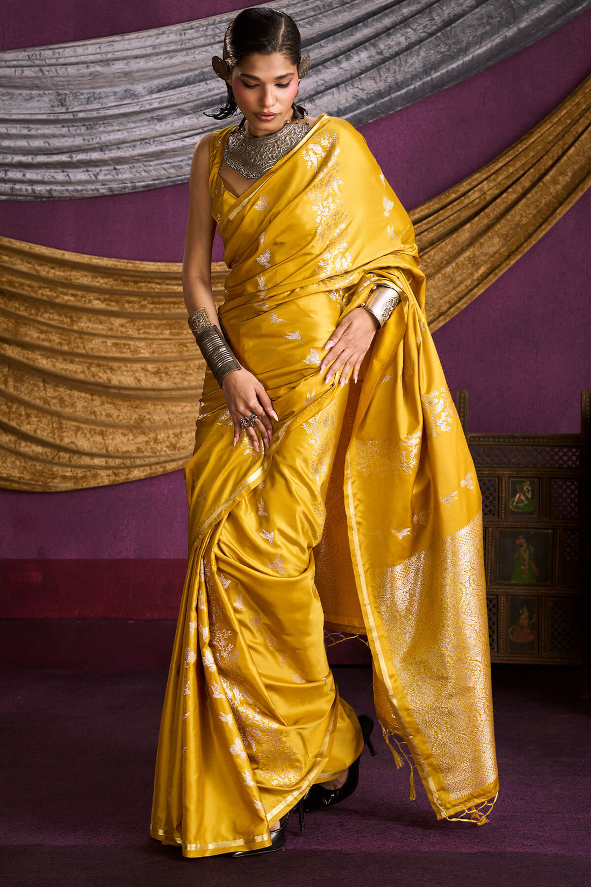 Ethnic Yellow Banarasi Satin Silk Saree With Dazzling Blouse