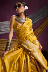 Ethnic Yellow Banarasi Satin Silk Saree With Dazzling Blouse