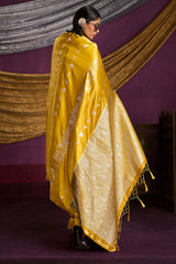 Ethnic Yellow Banarasi Satin Silk Saree With Dazzling Blouse