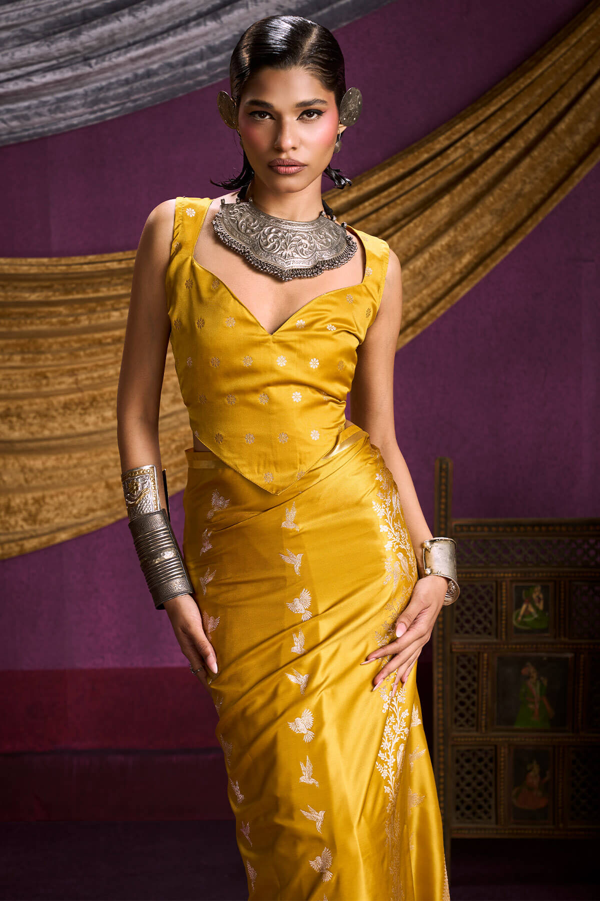 Ethnic Yellow Banarasi Satin Silk Saree With Dazzling Blouse