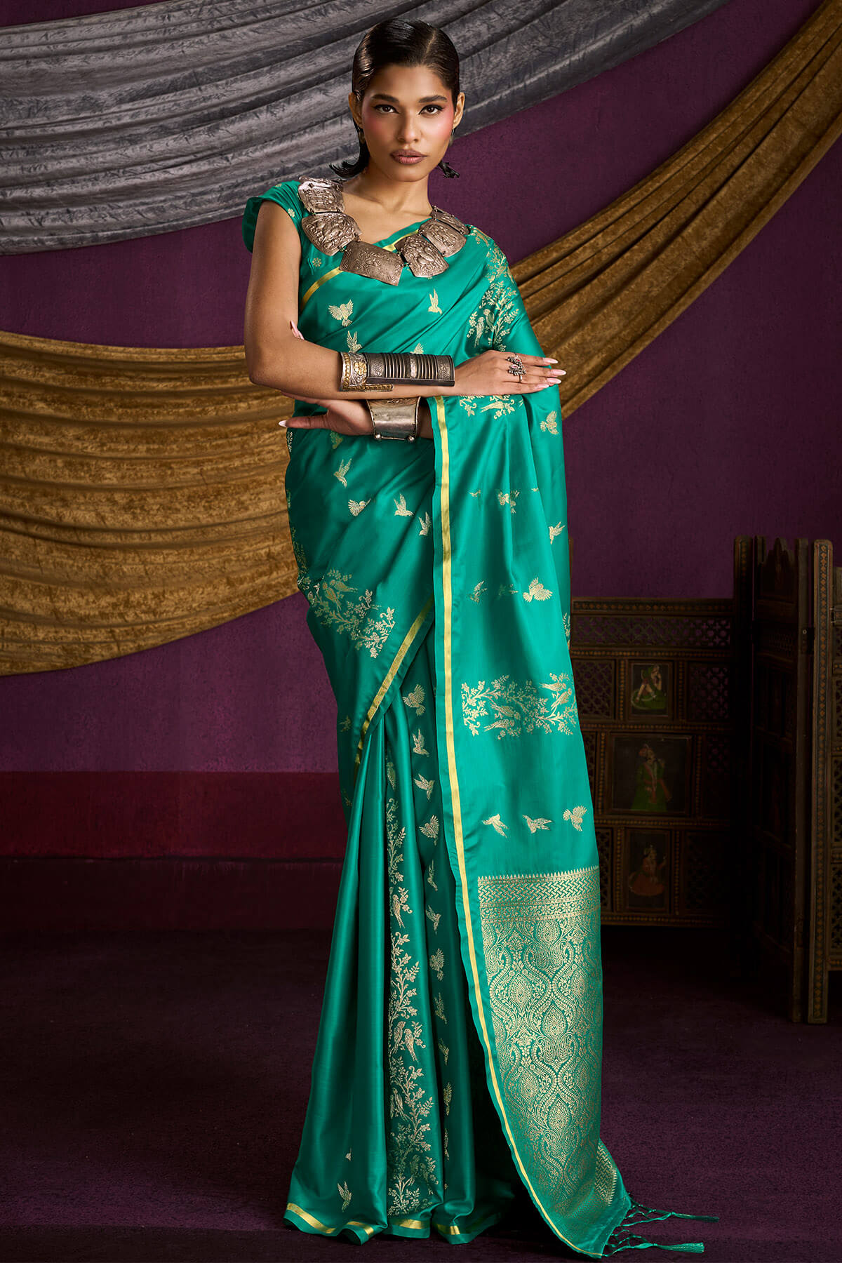 Incredible Sea Green Banarasi Satin Silk Saree With Lassitude Blouse