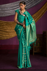 Incredible Sea Green Banarasi Satin Silk Saree With Lassitude Blouse