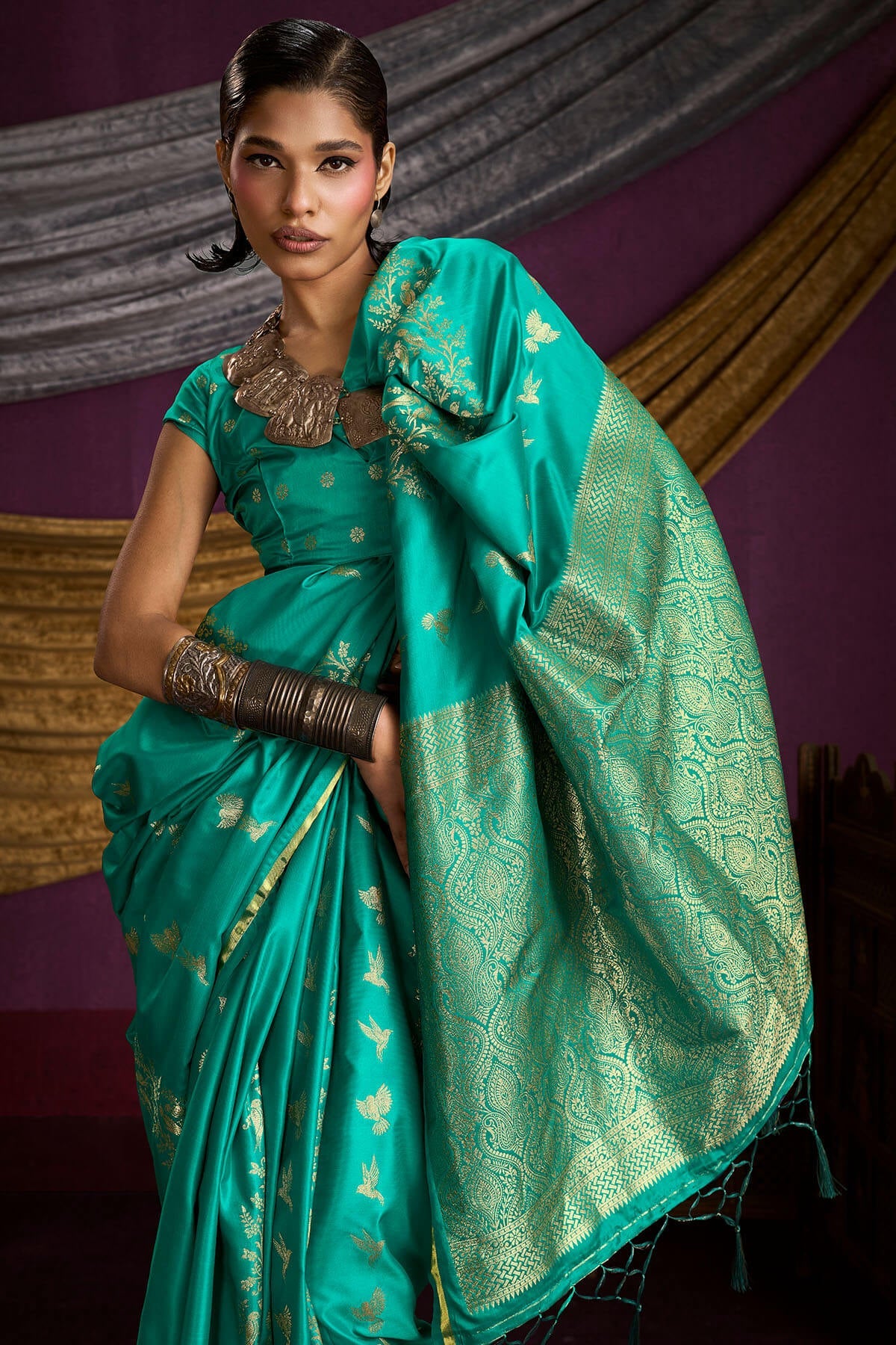 Incredible Sea Green Banarasi Satin Silk Saree With Lassitude Blouse