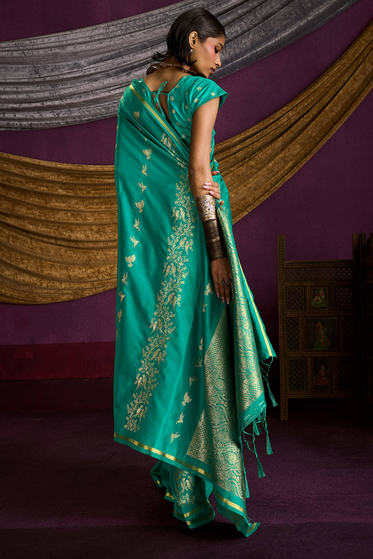 Incredible Sea Green Banarasi Satin Silk Saree With Lassitude Blouse
