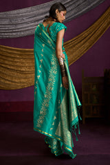 Incredible Sea Green Banarasi Satin Silk Saree With Lassitude Blouse