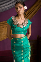 Incredible Sea Green Banarasi Satin Silk Saree With Lassitude Blouse