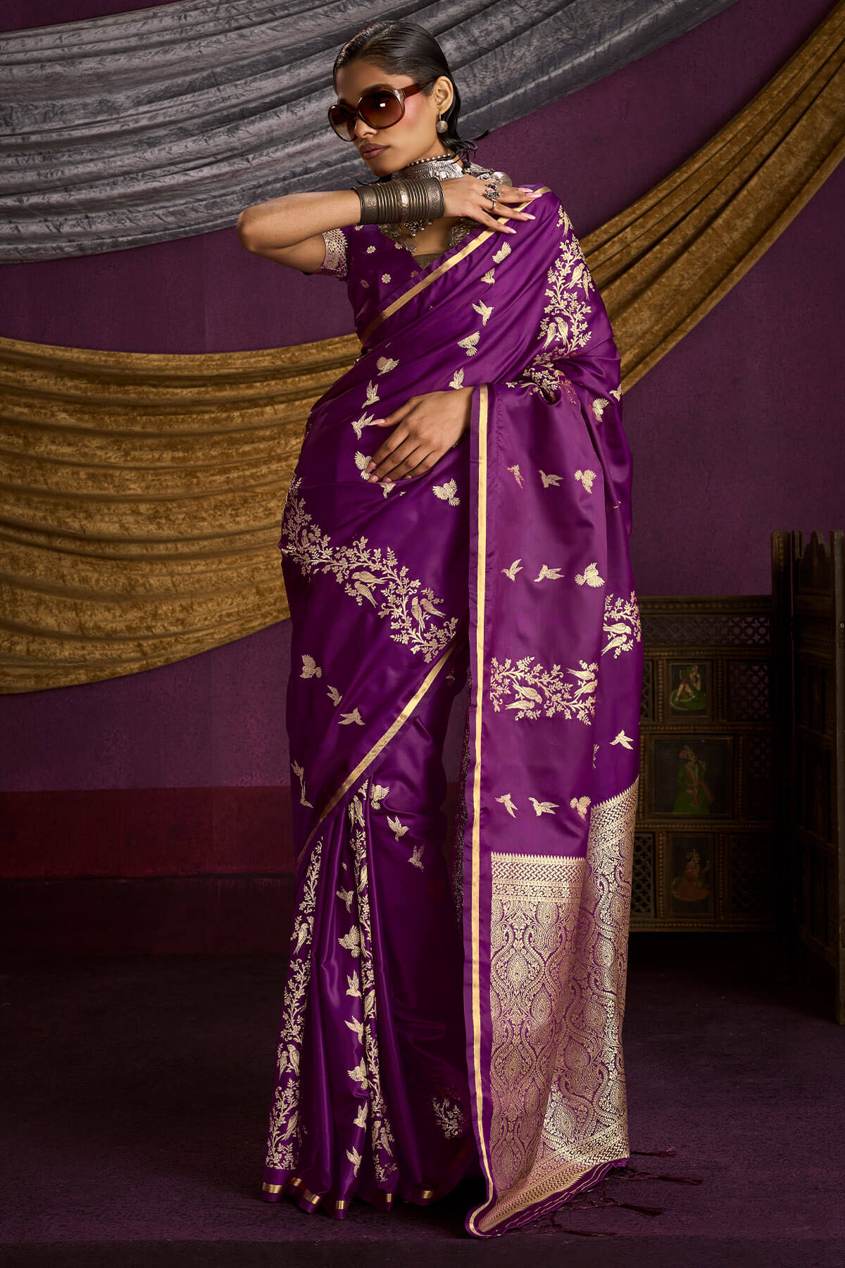 Gratifying Purple Banarasi Satin Silk Saree With Fragrant Blouse