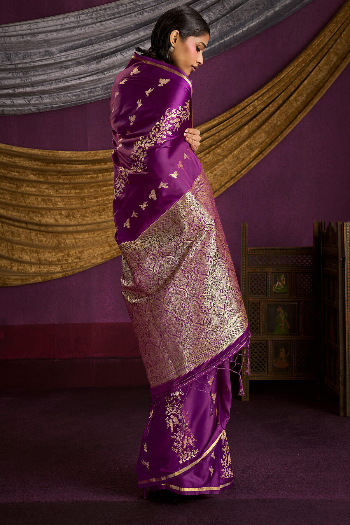 Gratifying Purple Banarasi Satin Silk Saree With Fragrant Blouse