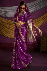 Gratifying Purple Banarasi Satin Silk Saree With Fragrant Blouse