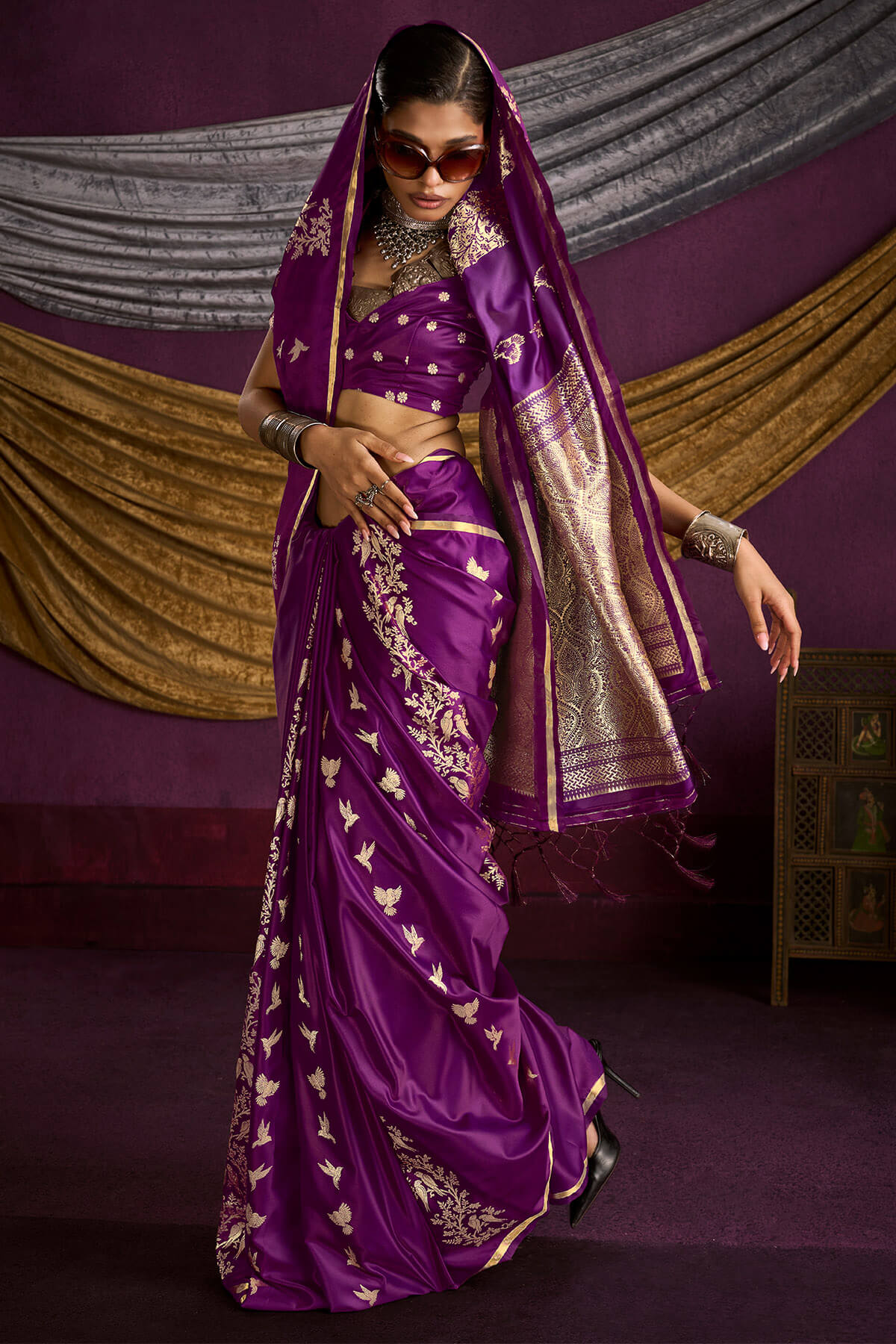 Gratifying Purple Banarasi Satin Silk Saree With Fragrant Blouse