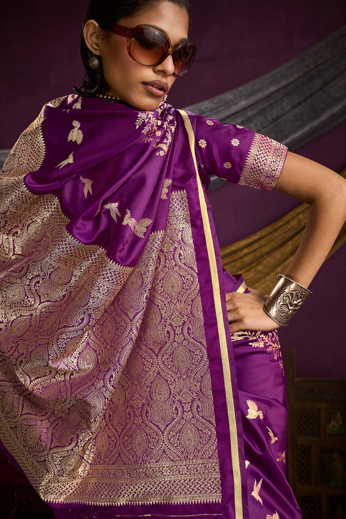 Gratifying Purple Banarasi Satin Silk Saree With Fragrant Blouse
