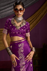 Gratifying Purple Banarasi Satin Silk Saree With Fragrant Blouse