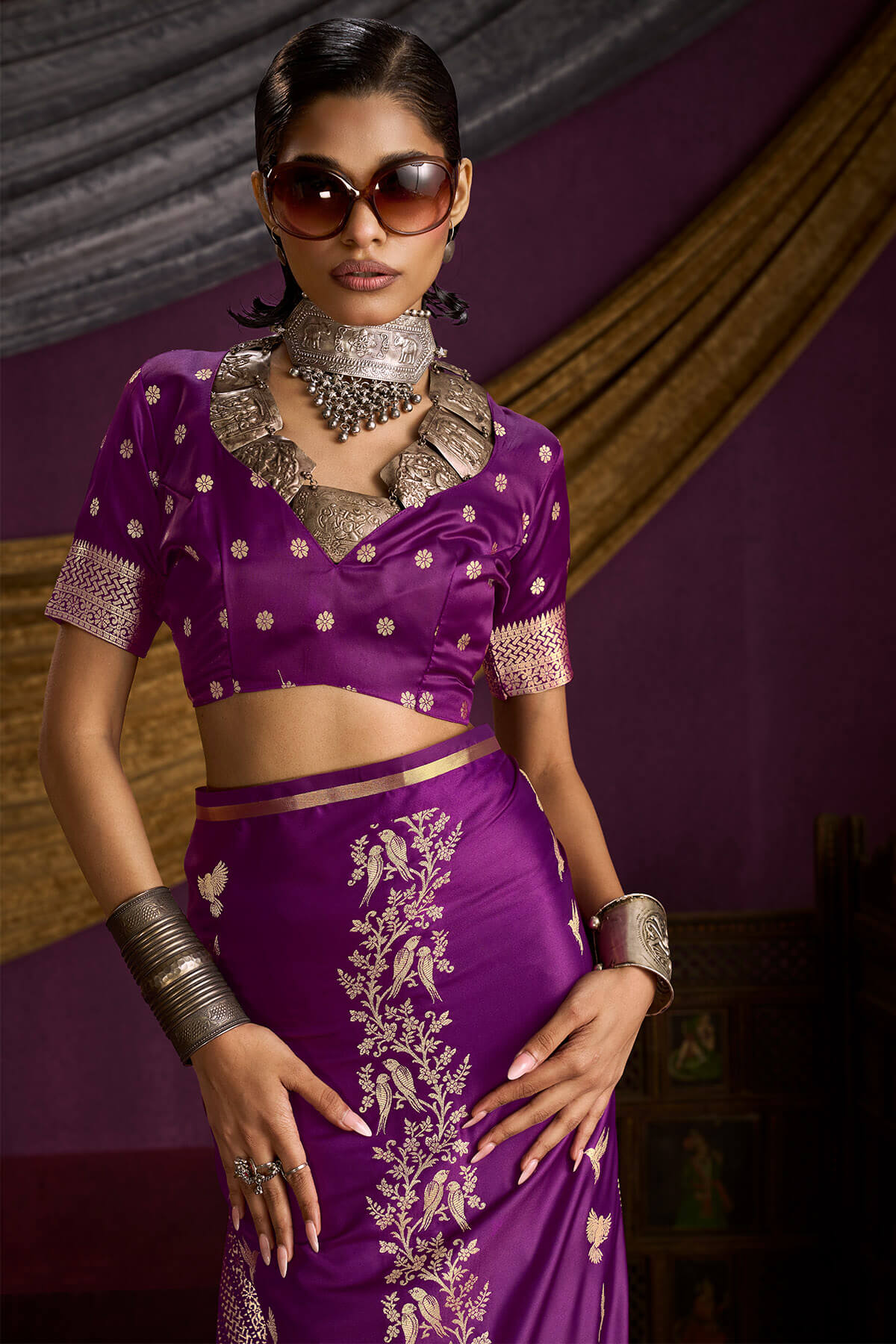 Gratifying Purple Banarasi Satin Silk Saree With Fragrant Blouse