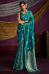 Ailurophile Rama Banarasi Satin Silk Saree With Embrocation Blouse
