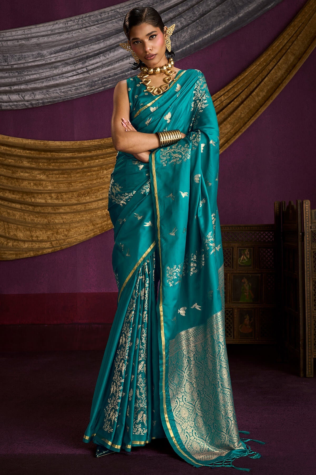 Ailurophile Rama Banarasi Satin Silk Saree With Embrocation Blouse