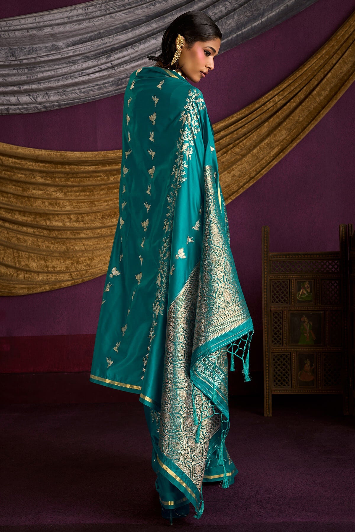 Ailurophile Rama Banarasi Satin Silk Saree With Embrocation Blouse