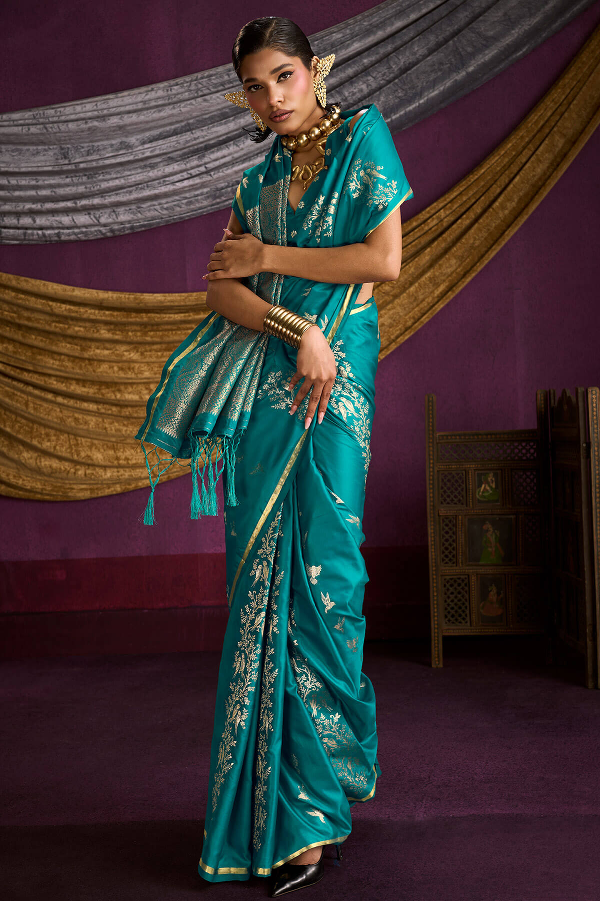 Ailurophile Rama Banarasi Satin Silk Saree With Embrocation Blouse