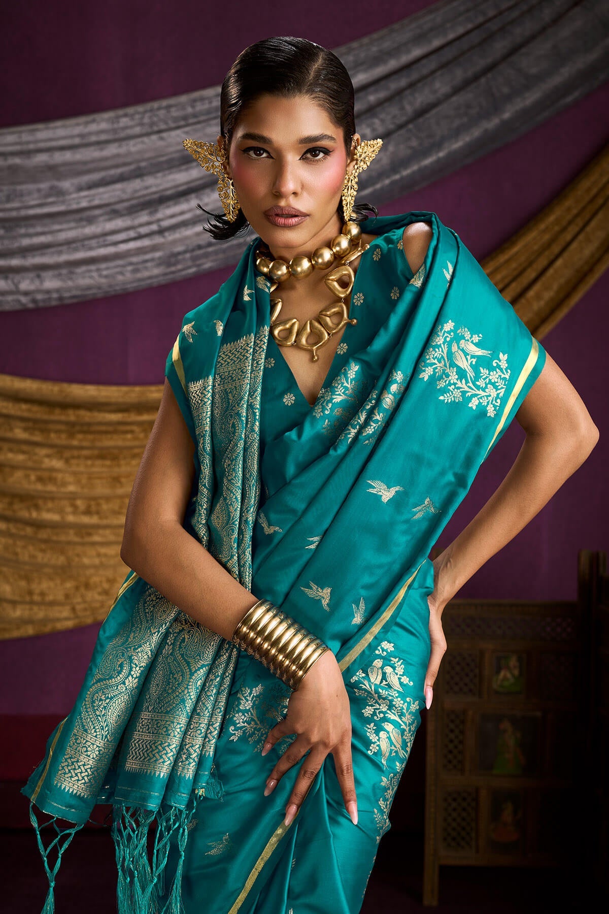 Ailurophile Rama Banarasi Satin Silk Saree With Embrocation Blouse